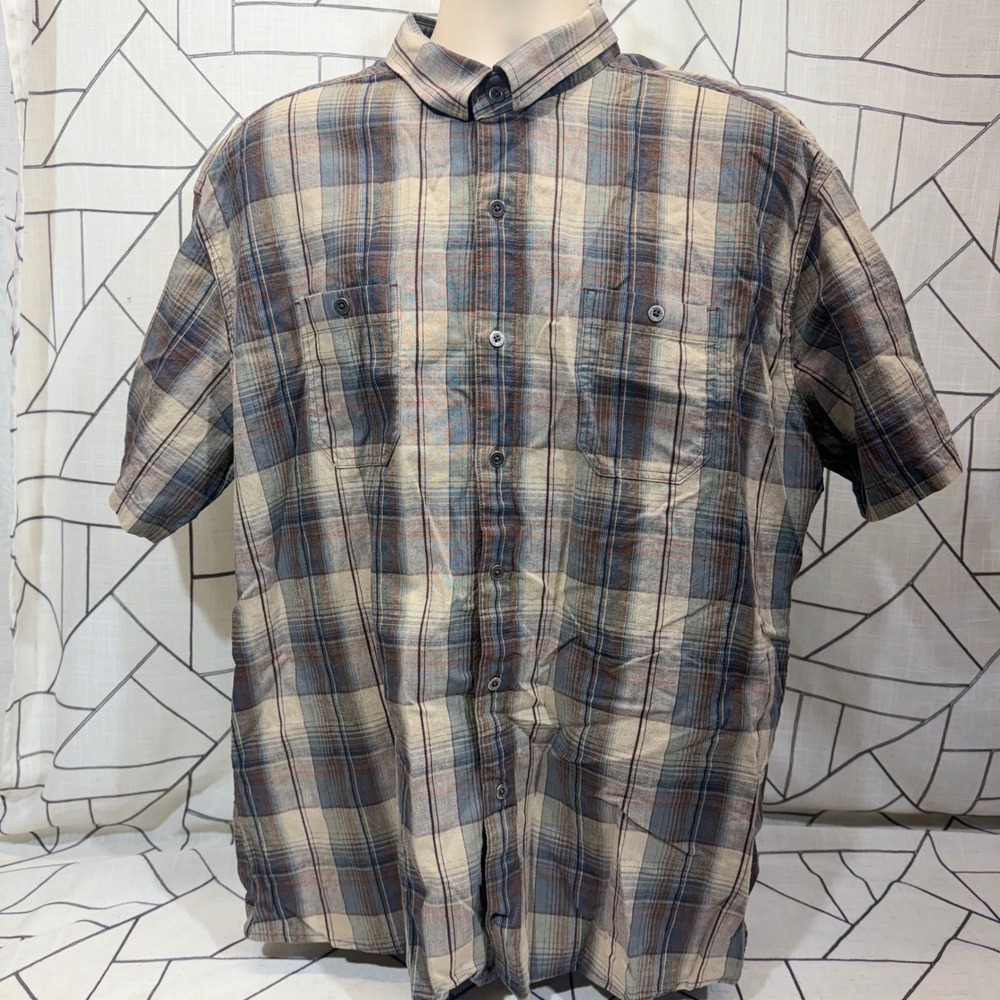 Kuhl Plaid Button Down Shirt XXL Blue Tan Short Sleeve Outdoor Hiking